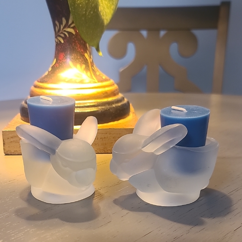 Frosted Glass Rabbit Candle Holders with Blue Candles